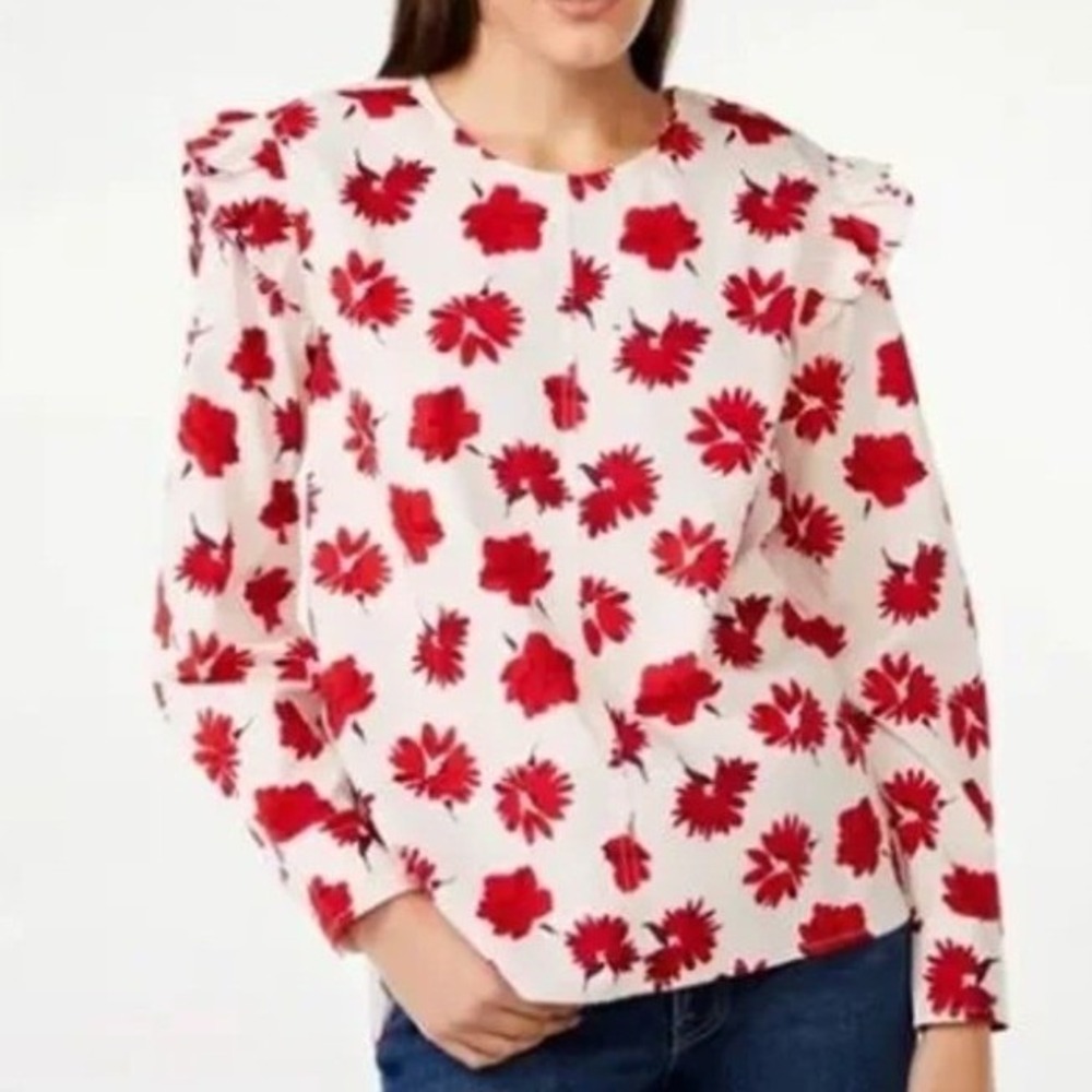 Free Assembly $44 XXL Red Floral 100% Cotton Button Ruffle Shoulder Top